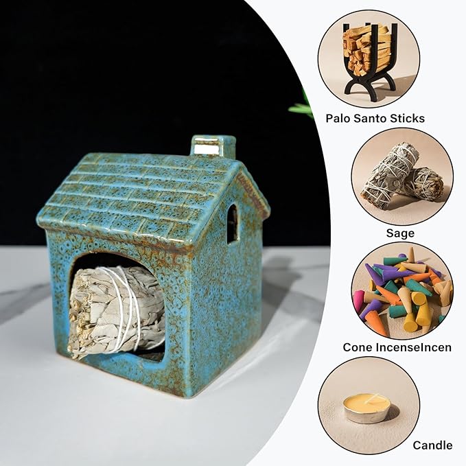 Mougigi Blue House Palo Santo Burner Holder - Ceramic Mini Chiminea with Stable Base for Burning Sage & Incense Cones-Ideal Small Smudge Bowl for Zen Altars, Meditation,Yoga Spaces, Home Decor & Gifts