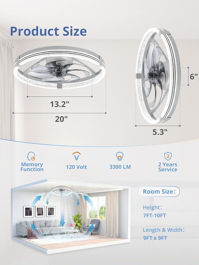 ZMISHIBO Low Profile Ceiling Fans with Lights, Flush Mount Modern Ceiling Fan and Remote Control, 20" LED Ceiling Fans, Stepless Dimmable 3 Colors and 6 Speeds (Grey, 20")