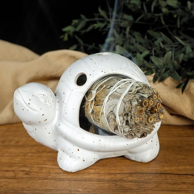Mougigi Handcrafted White Ceramic Turtle Palo Santo Holder, Sage, Cone Incense and Copal Burner Holder | Ideal for Meditation, Yoga, Aromatherapy & Altar Spaces | Zen-Inspired Home Decor Gift