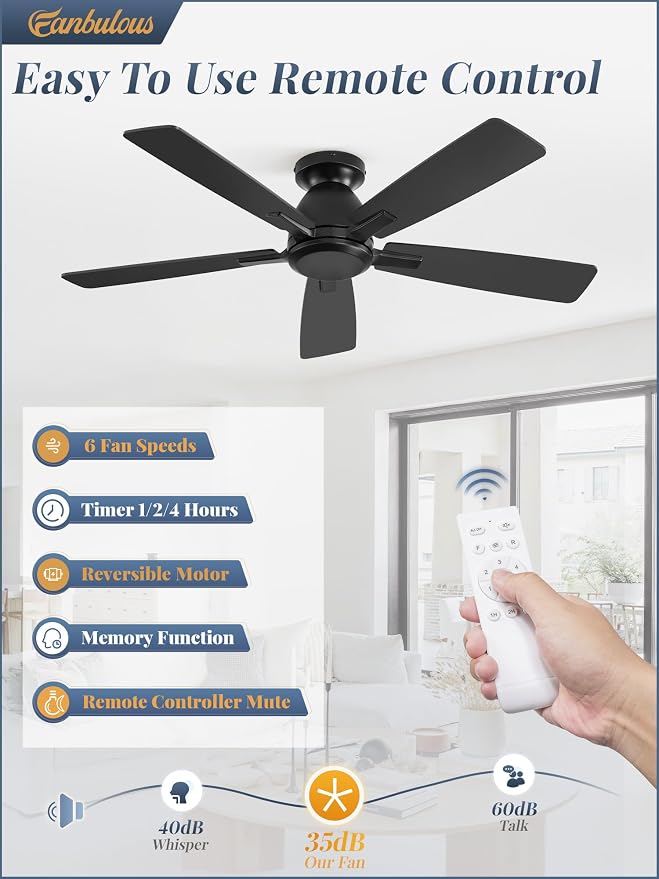 Fanbulous 46 Inch Flush Mount Ceiling Fan No Light with Remote, Black | Modern Low Profile Without Light, 6-Speed, Quiet Reversible DC Motor, Indoor/Outdoor Use, for Bedroom, Living Room, Patio