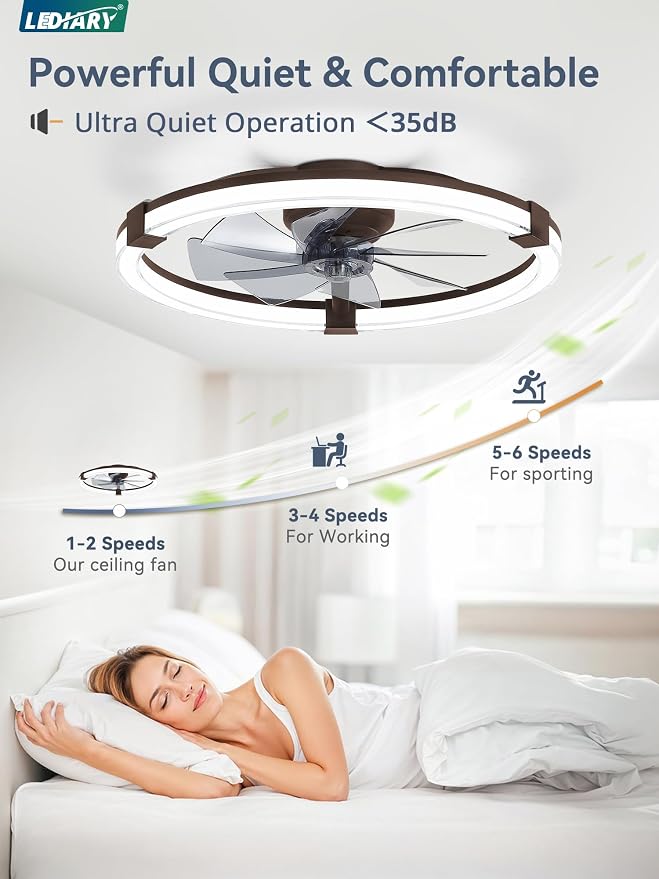LEDIARY Ceiling Fans with Lights, 23 Inch Low Profile Ceiling Fan with Remote, 6 Speeds, Reversible, Dimmable Flush Mount Fan Light, Modern Fandelier Ceiling Fan with Lights for Bedroom, Brown