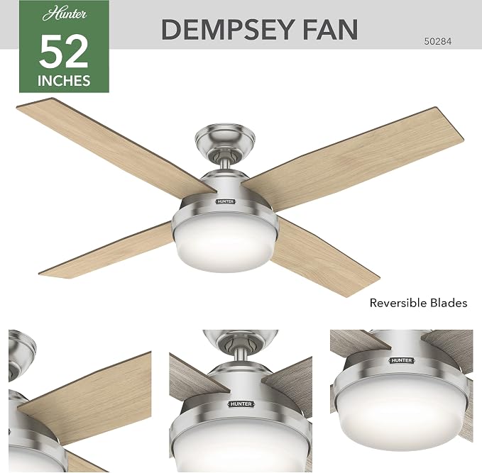 Hunter Dempsey, Indoor, Ceiling Fan, Modern, 52 inch, Brushed Nickel