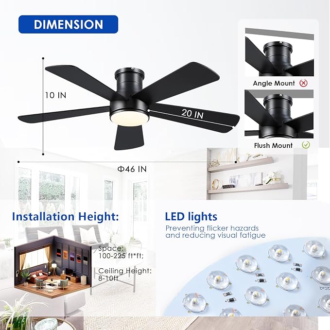 Hounberi 46 Inch Flush Mount Ceiling Fan with Lights and Remote, Modern Quiet DC Motor Low Profile Ceiling Fan for Low Ceilings, 5 Reversible Blades, 6 Speeds Dimmable, Indoor Outdoor Bedroom, Black