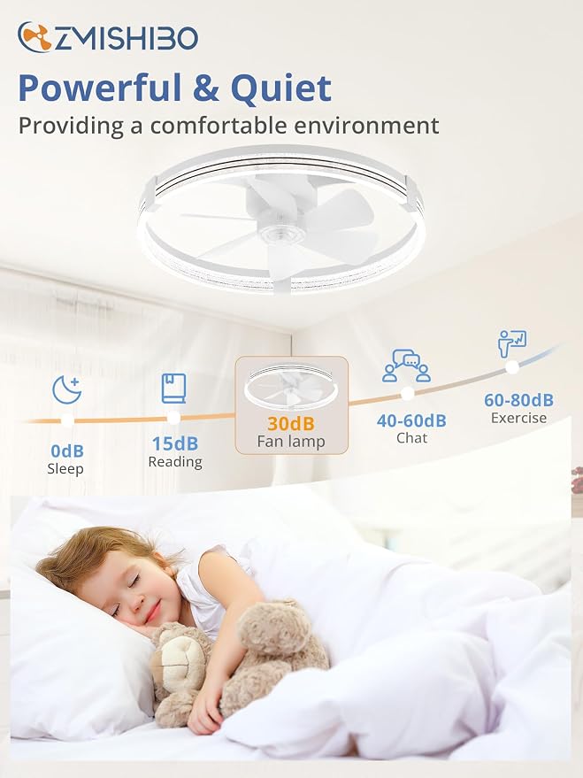 ZMISHIBO Ceiling Fan with Light and remote, 23'' Low Profile Ceiling Fans | Flush Mount Modern Ceiling Fan and Remote Control, 3000K-7000K Dimmable, Modern Fandelier for Bedroom, Living Room