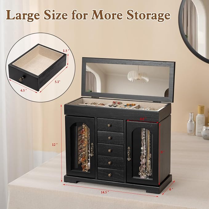 Miratino Jewelry Box for Women Girls, Wooden Jewelry Organizer Box with Mirror, 5 Layer Jewelry Storage Case Display for Necklaces Earrings Rings Bracelets Valentine's Day Gifts