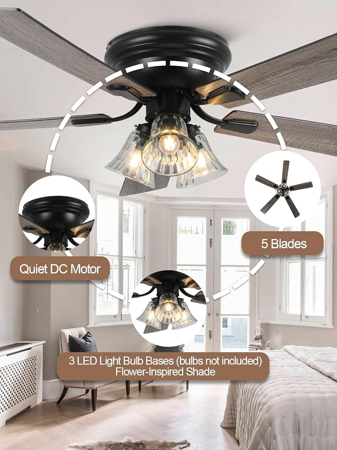 52 Inch Vintage Flush Mount Ceiling Fan with Lights and Remote | Farmhouse Rustic Fandelier, Low Profile Antique Chandelier, 3 E26 Bulbs 5 Blade, for Bedroom Living Room