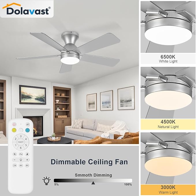 Ceiling Fans with Lights, 42 Inch Low Profile Ceiling Fan with Light and Remote Control, Flush Mount, Reversible, 3CCT, Dimmable LED, Quiet, Nickel Ceiling Fan for Bedroom, Kitchen