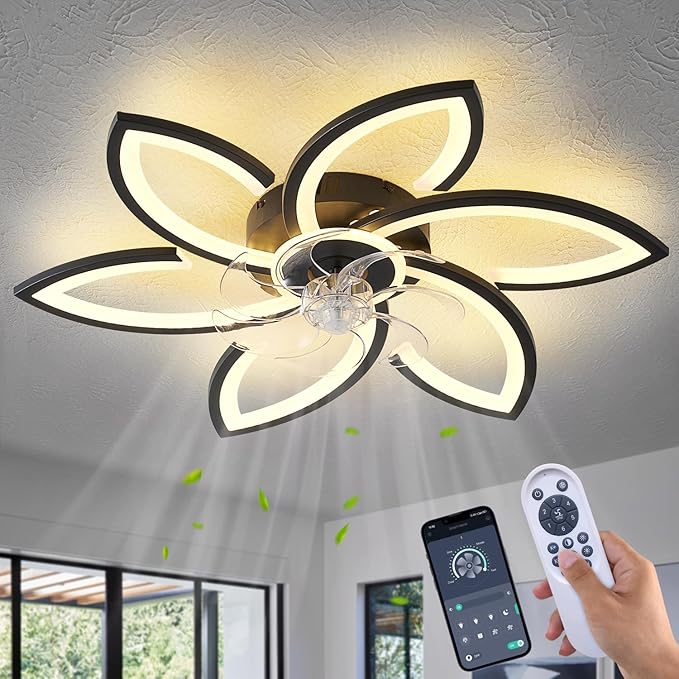 Dalouguan Ceiling Fan with Lights Remote Control, 30" Black Flower 6 Speeds 3 Light Color Low Profile Flush Mount Ceiling Fan for Kitchen Bedroom
