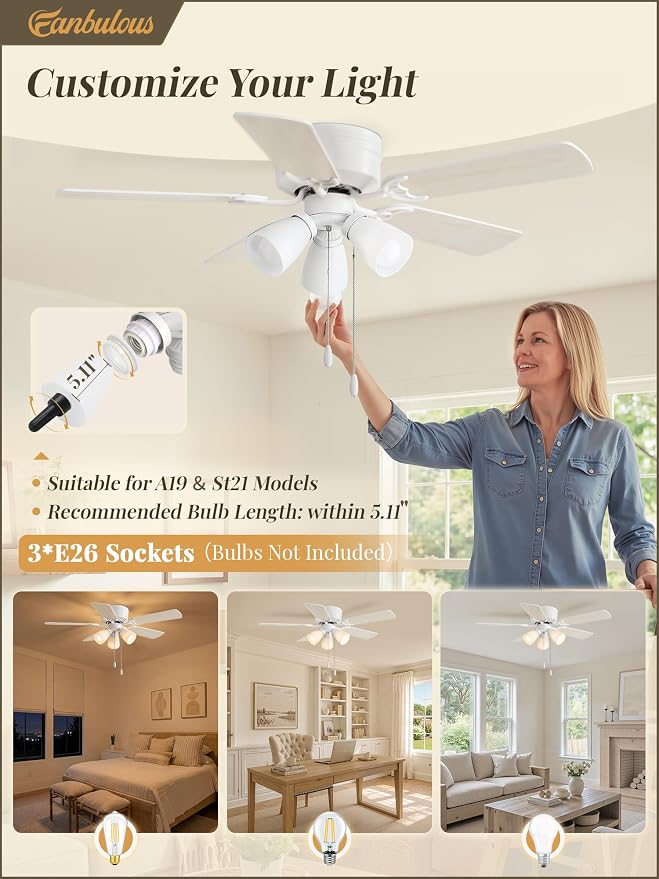 Fanbulous 44" White Flush Mount Ceiling Fan with Light & Remote, DC Motor | Shatterproof PP Shades, Pull Chain Control, Low Profile for Bedroom, Living Room, Kitchen