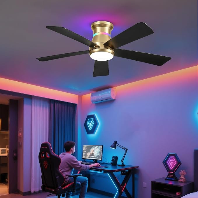 Surtime 46" Ceiling Fans with RGB Lights - Flush Mount Ceiling Fan Light with LED 3CCT Dimmable, Modern Low Profile Gold Ceiling Fan with Reversible Black Blades