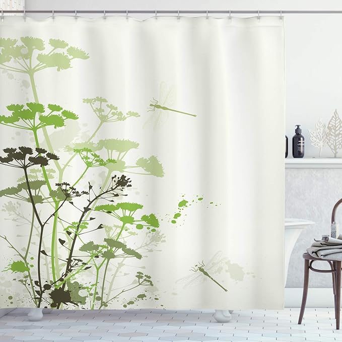 Ambesonne Dragonfly Shower Curtain, Minimalist Foliage and Herbs Illustration with Dragonflies Winged Insects Mystic, Cloth Fabric Bathroom Decor Set with Hooks, 69" W x 70" L, Beige Green