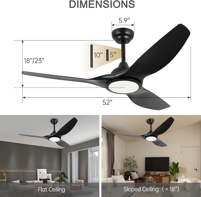 52 Inch High CFM Quiet Modern Black Ceiling Fan with Lights Remote Control | DC Motor, 6 Speed, Indoor 3 Blade Ceiling Fan for Bedroom Living Room