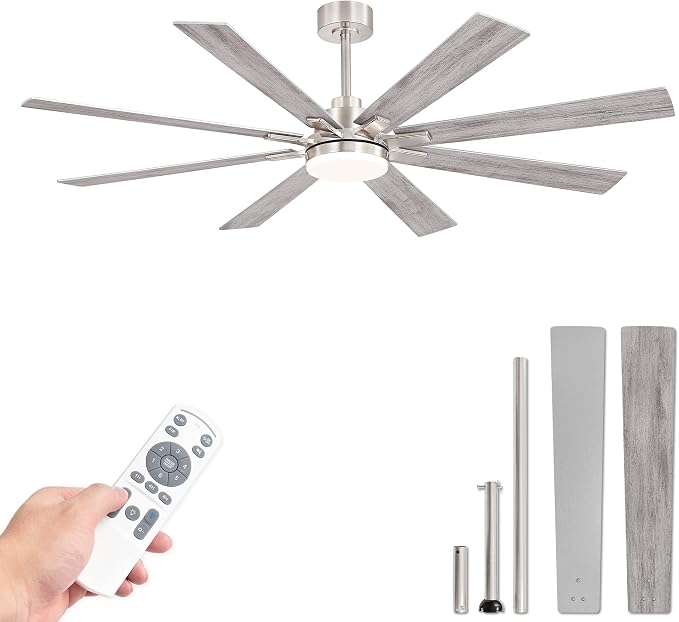 Fanbulous 65 Inch Ceiling Fan with Light and Remote, 6 Speeds Reversible DC Motor Ceiling Fans for Living Room Patio Garage, 3CCT Dimmable LED, 8 Wood Blades, Downrod Mount, Sloped Ceiling Compatible