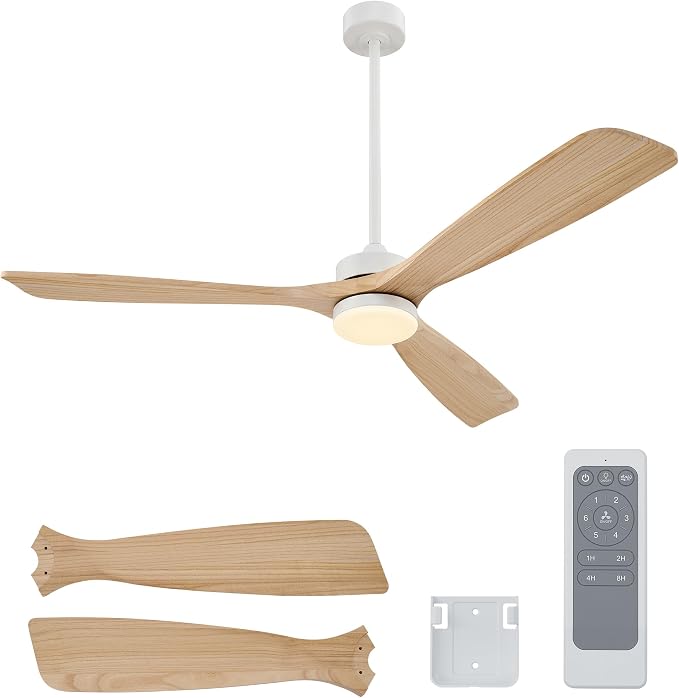 VONLUCE Wood Ceiling Fan with Lights, 60 Inch Ceiling Fan and Remote, 6 Speed Reversible Noiseless DC Motor, 3CCT, Solid Wood Outdoor Ceiling Fan for Patios Farmhouse, White