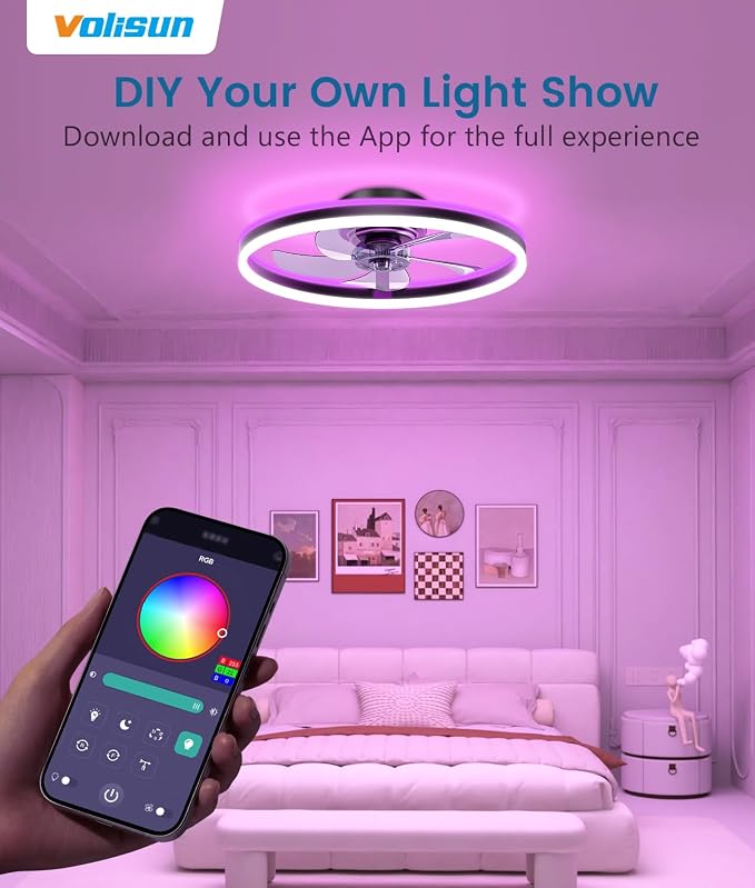 VOLISUN RGB Ceiling Fans with Lights and Remote, 20in Low Profile Ceiling Fans with Lights Flush Mount, 3000K-6500K Dimmable Fandelier LED Fan Light, Black Bladeless Ceiling Fans for Bedroom