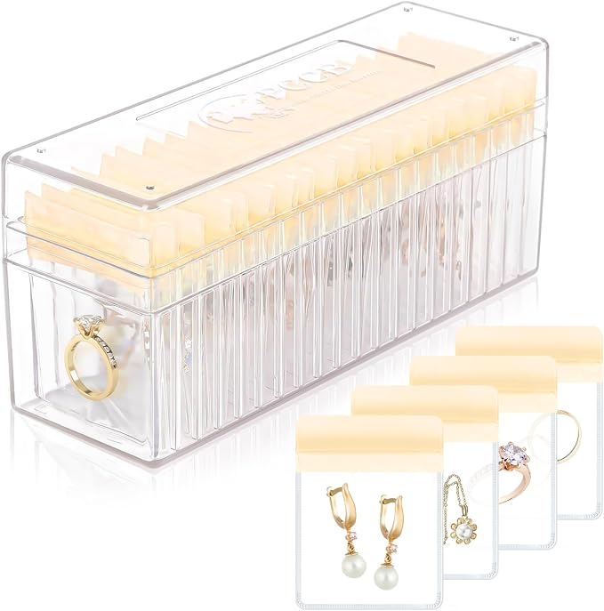 HOMEHIVE Acrylic Jewelry Box Organizer, Clear Jewelry Organizer Holder with 20 Portable Anti Tarnish Jewelry bags, Travel Jewelry Case for Earrings/Rings/Necklaces for Women Girls, Yellow