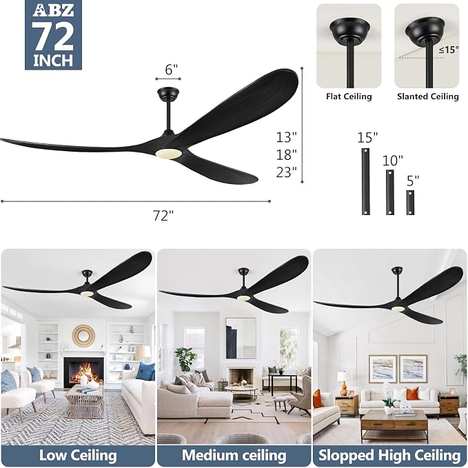 ABZ 72 Inch Ceiling Fans with Lights, Solid Wood Propeller Large Outdoor Ceiling Fan with Light and Remote Control, 3 Blades Black Ceiling Fan for Indoor Patios Living Room High cfm, Matte Black
