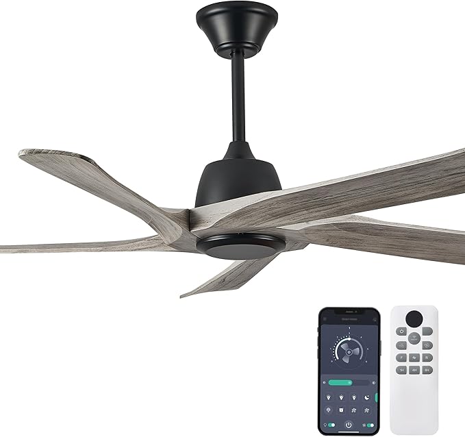 52“ DC Ceiling Fan without Light, 5 Solid Wood Fan Blades, Remote and APP Control, 6-speed Reversible, Noiseless Ceiling Fan No Lights for Bedroom, Living Room, Office, Greywood