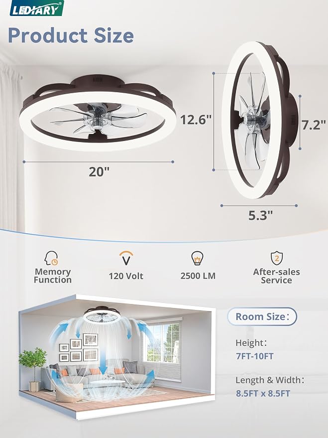 LEDIARY 20 Inch Low Profile Ceiling Fans with Lights and Remote, Dimmable Modern Fan Light(3000K-6000K), 6 Speed, Reversible, APP & Remote Control, Flush Mount Ceiling Fan for Bedroom, Brown