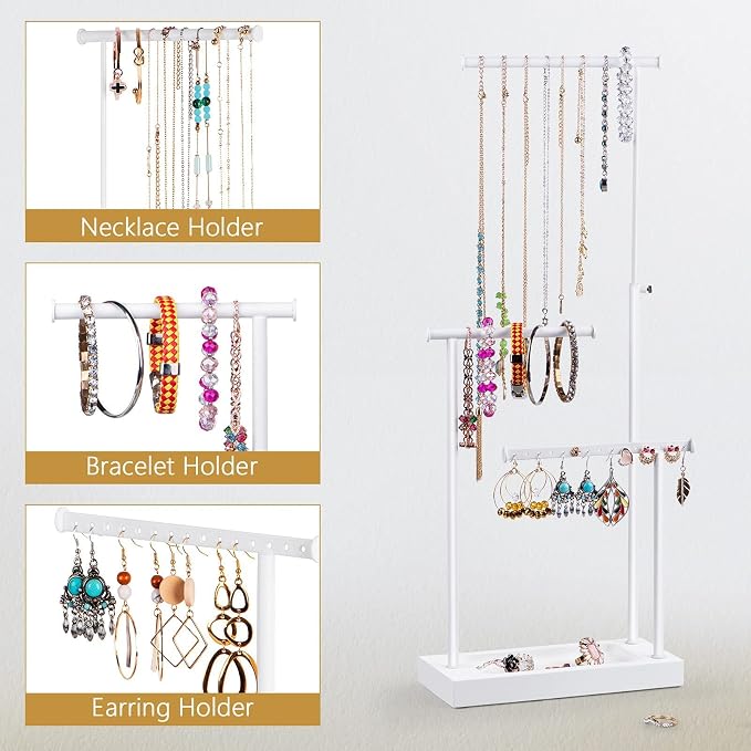 SRIWATANA White Jewelry Organizer Stand, Extra Tall 3-Tier Necklace Holder | Elegant Jewelry Tree with WoodenTray; Ideal to Organize Long Necklaces, Rings, Earrings