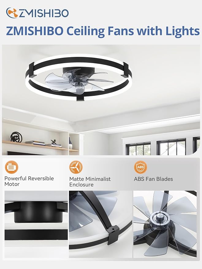 ZMISHIBO Ceiling Fans with Lights and Remote, 23 inch Low Profile Ceiling Fan with Light, 3000K-6000K Dimmable & 6 Wind Speeds, Modern Fandelier Flush Mount Ceiling Fan, Small LED Fan for Bedroom