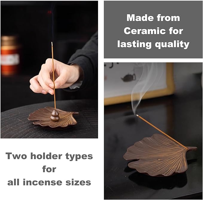 Ceramic Incense Holder, Incense Burner Tray for Sticks,Coil,Cone,Handcrafted Burner Ash Catcher for Yoga Meditation Energy Cleansing Room Décor(Brown, Ginkgo Leaf & Gourd)