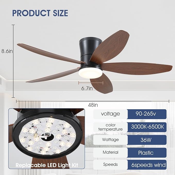 Surtime 48" Ceiling Fans with Lights-Low Profile Ceiling Fan with Light and Remote/APP Control,Flush Mount,LED Dimmable Modern Ceiling Fans for Bedroom,Indoor/Outdoor Patio Use(Brown)