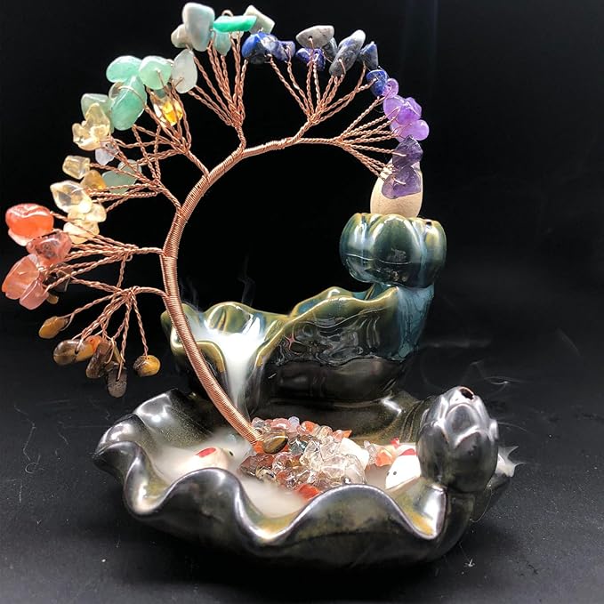 Backflow Incense Burner, Ceramic Incense Waterfall Burner with 7 Chakras Healing Crystals Tree Fountain Incense Holders for Yoga Meditation Home Decor