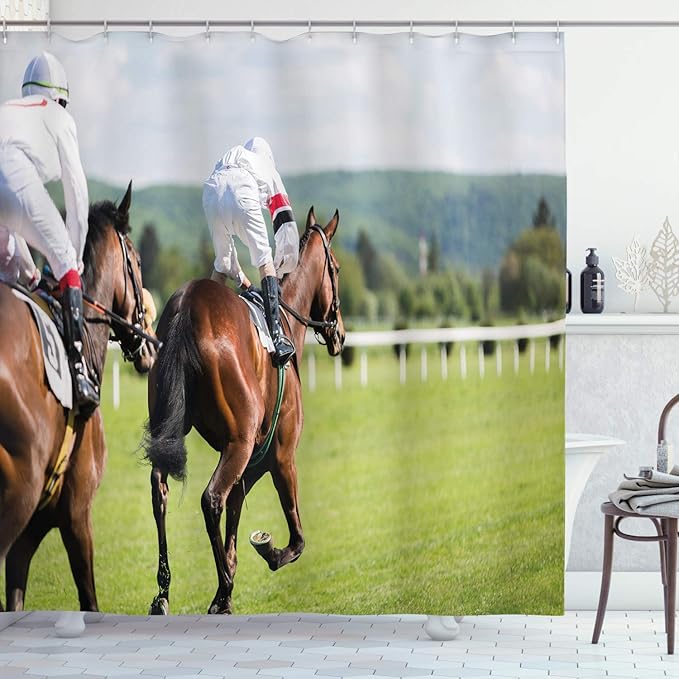 Ambesonne Modern Shower Curtain, Performance Sport Horse Racing Galloping Jockeys Hobby Activity Picture, Cloth Fabric Bathroom Decor Set with Hooks, 69" W x 70" L, Brown Green