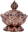 Lotus Incense Burner Holder - Antique Zinc Alloy Metal Censer with Ash Catcher - Vintage Zen Home Decor for Meditation, Yoga, Spa - Fits Incense Cones, Sticks, and Coils (Antique Red)