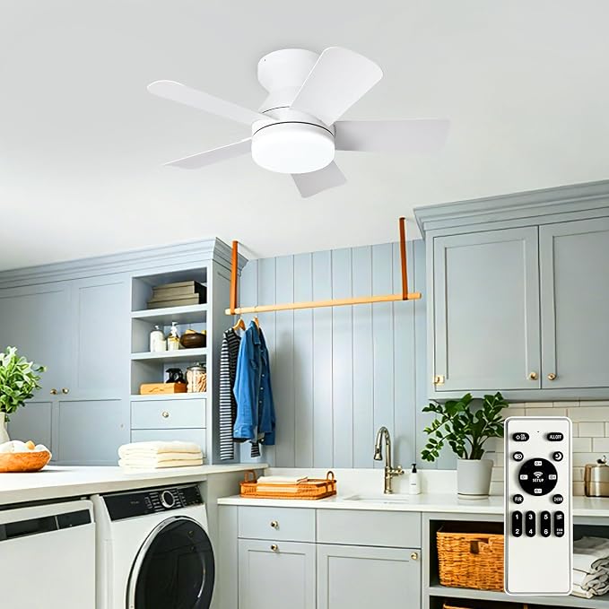 Ceiling fans with lights and Remote: 25 Inch Small Ceiling Fan with Light Low Profile - Flush Mount Bathroom Ceiling Fan Reversible 3CCT Dimmable Noiseless for Bedroom (White)
