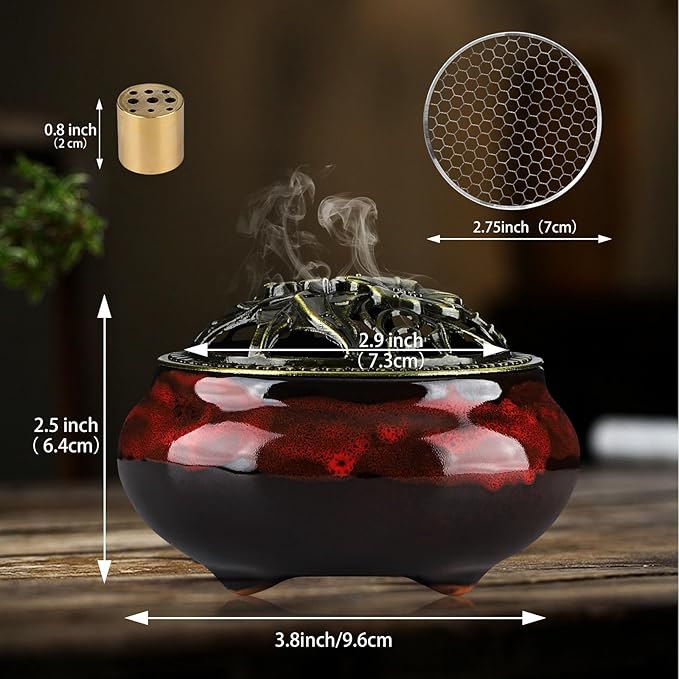 Ceramic Incense Burner Holder Set – 9 Hole Incense Stick Holder with Coil Incense Holder & Burner Tray – Multi-Function Censer for Cones, Coil Incense, and Stick Incense (Fambe Red)