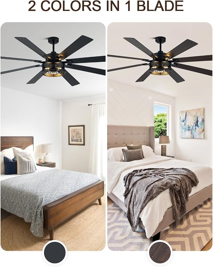 72" Farmhouse Ceiling Fan with Lights Remote Rustic Ceiling Fan | Black Caged Fandelier, Industrial Chandelier Light for Living Room Covered Porch, 8 Dual Blades Reversible DC Motor 6 Speeds