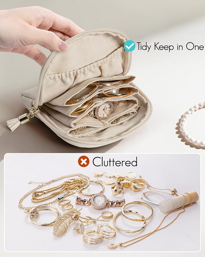 VLANDO Small Jewelry Travel Case,Jewelry Pouch Bags with Zipper,Velvet Jewelry Organizer Storage Bag for Bracelet Rings Earring Travel Essentials Gifts for Women Girl-Beige