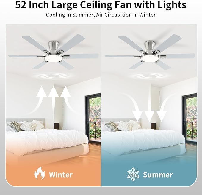52 Inch Brushed Nickel Ceiling Fans with Lights and Remote,Flush Mount Low Profile 6 Blades Ceiling Fan with 10 Inch Lighting Fixture,Quiet Reversible DC Motor for Living Room,Bedroom and Patio