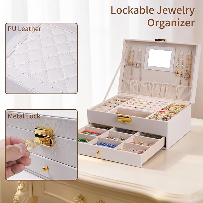 coobest Jewelry Box, 2 Layer Jewelry Organizer with Velvet Earring Organizer, Jewelry Holder Organizer Travel, White Jewelry Boxes for Women, Jewelry Boxes & Organizers for Girls