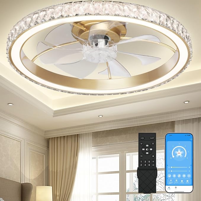 Aipsun 26" Low Profile Modern Crystal Chandelier Ceiling Fans with Lights and Remote, 3000K-6500K Smart Bladeless LED Fan Light, Gold Modern Ceiling Fans with Lights for Bedroom