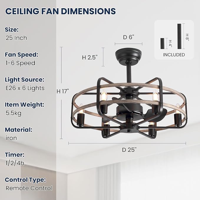 NOXARTE Cage Ceiling Fan with Light, Vintage Fandelier Remote Control, Bladess Industrial Chandelier Ceiling Fan Reverse Motor for Living Dining Room Bedroom Dia 25 Inch