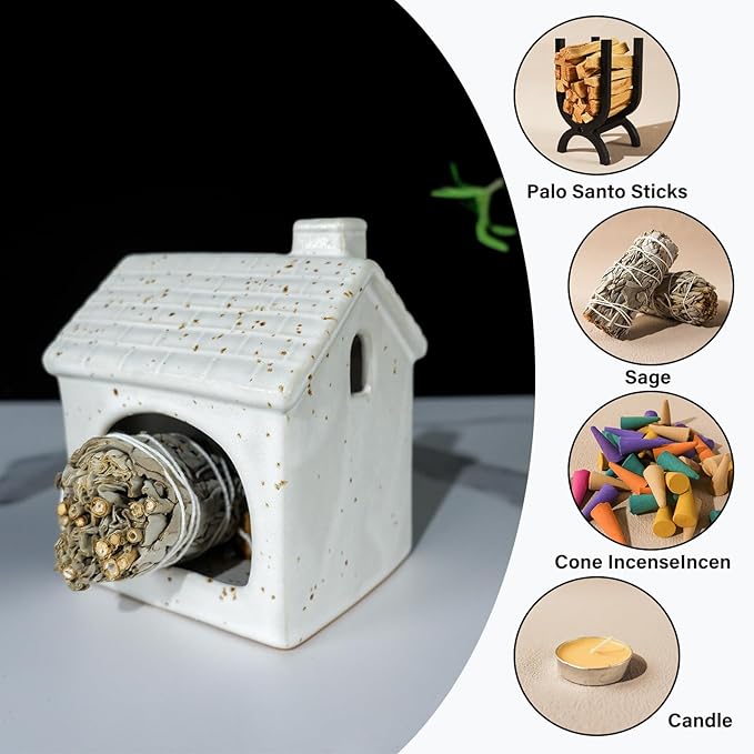 Mougigi White House Palo Santo Burner Holder-Mini Ceramic Chiminea with Stable Base, Perfect for Burning Sage and Incense Cones | Ideal for Zen Altar, Meditation, Yoga, Home Decor & Thoughtful Gifting