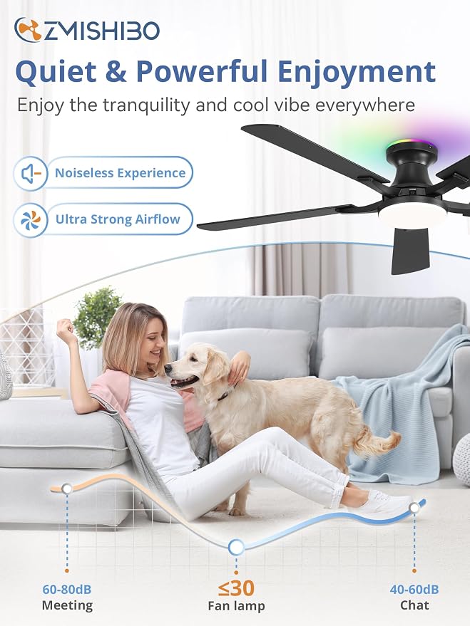 ZMISHIBO 52 Inch Smart Ceiling Fans with RGB Lights, Low Profile Flush Mount Ceiling Fan with Alexa/App/Remote Control, Dimmable 20W LED Light, Black Modern Fan for Living Room, Bedroom, Game Room