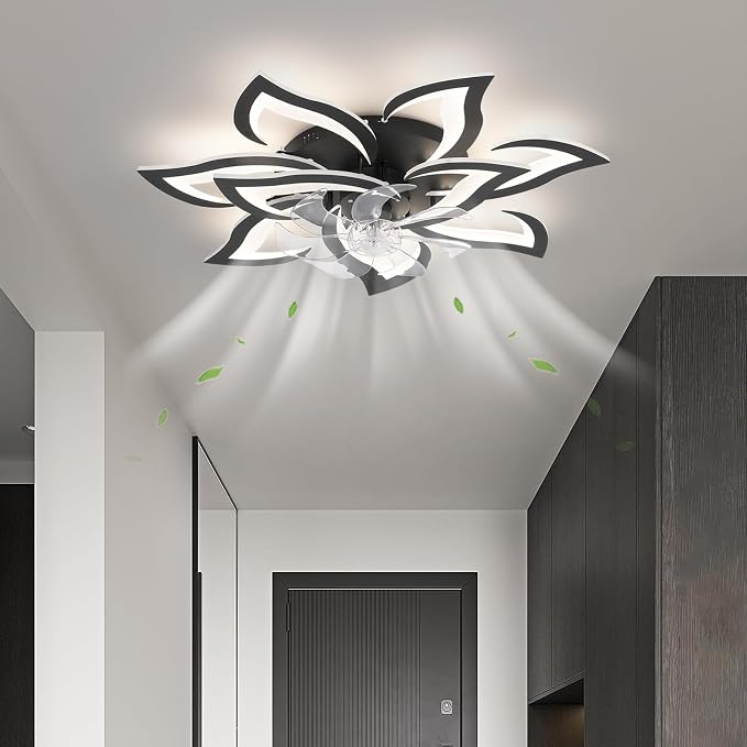 32" Black Flower Ceiling Fan with Light Remote Control, Low Profile Flush Mount Ceiling Fan for Kitchen Bedroom Living Room