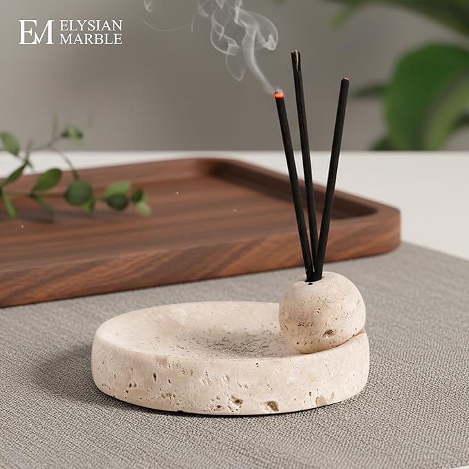 Incense Holder for Sticks, Natural Marble Incense Burner Ash Catcher Plate for Palo Santo, Sage, Meditation, Yoga and Home Decor - Travertine