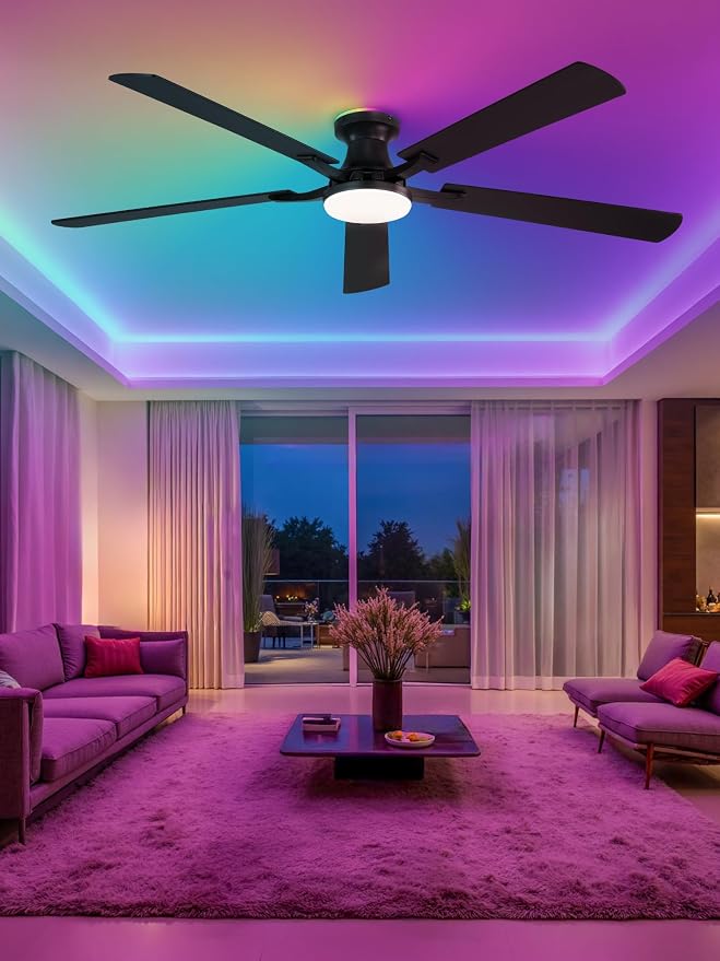 ZMISHIBO 60 Inch Ceiling Fans with RGB Lights, Low Profile Flush Mount Ceiling Fan with Alexa/App/Remote, Dimmable 20W LED Light, Black Modern Fan for Living Room, Bedroom, Game Room