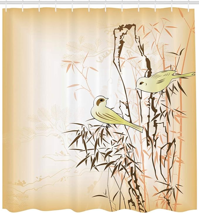 Ambesonne Asian Themed Shower Curtain, Leaf and Birds on The Branch Pine Grass Illustration on Peachy Back, Cloth Fabric Bathroom Decor Set with Hooks, 69" W x 70" L, Yellow Brown Cream