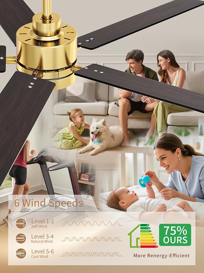 LANMEL 52'' Black and Gold Ceiling Fans with Lights and Remote, 6 Speed Low Profile Modern Ceiling Fan with Quiet DC Motor for Indoor Outdoor Bedroom Living Room