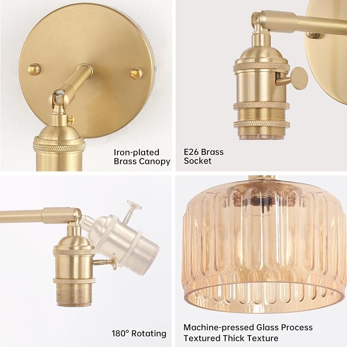 Shenmoyl Vintage Battery Operated Wall Sconce with Amber Striped Glass Lampshade 5000 mAh Rechargeable Battery Powered Wall Light with Remote Control for Bedside Bedroom Doorway, Set of 2