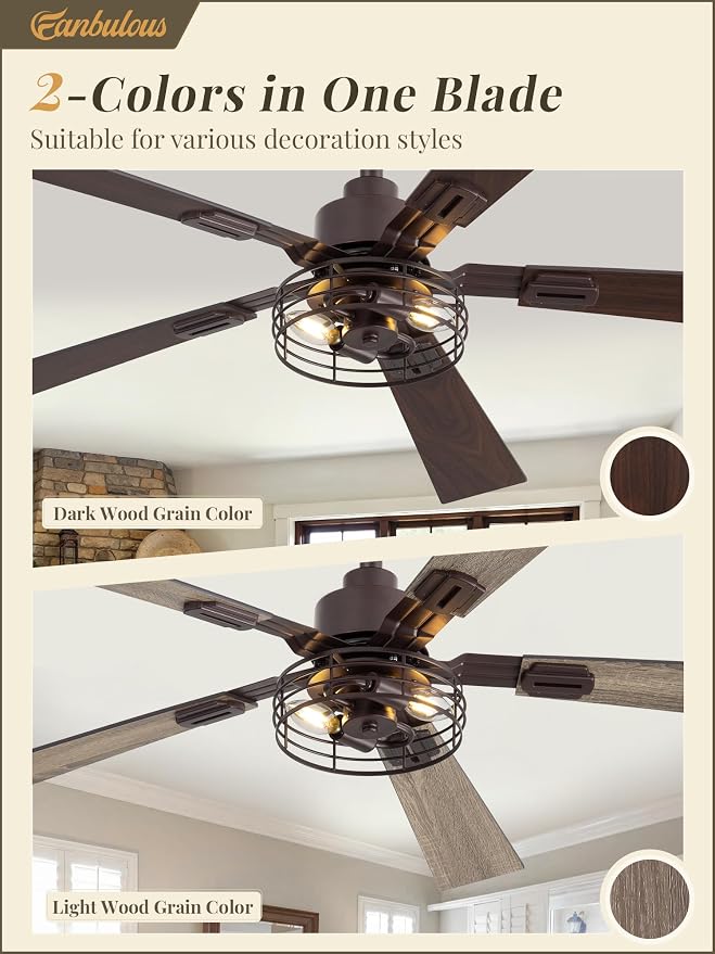Fanbulous 2 Pack Farmhouse 48 Inch Ceiling Fans with Lights, Industrial Caged Ceiling Fans for Bedroom Living Room, Double-Sided 5 Blades Rustic Ceiling Fan-Oil Bronze