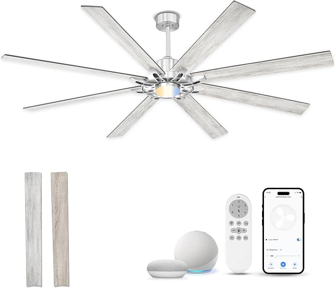 84 Inch Brushed Nickel Ceiling Fan, Smart Alexa Compatible Large Indoor Outdoor Fan for High Ceilings, Covered Patio & Garage, Dual Finish 8 Plywood Blades, ZCCF05BN-84
