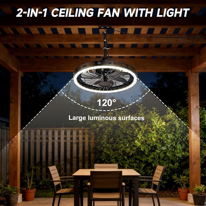 20" IP65 Waterproof Outdoor Ceiling Fan with Light, Plug-in Caged Design, 3CCT Dimmable & 6-Speed Adjustment for Patio Porch Pergola