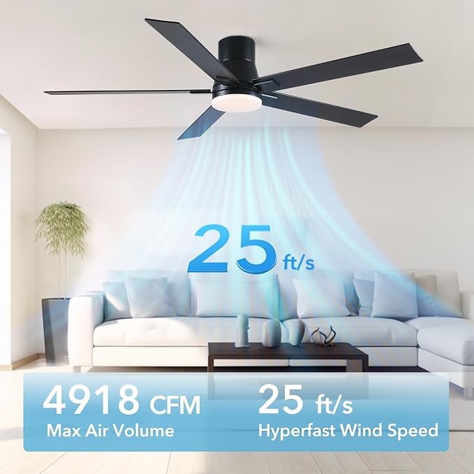 Rayqueen 60 Inch Flush Mount Black Ceiling Fans with Lights and Remote | 6 Speed Reversible DC motor,3-color temperature dimmable LED.For indoor/covered outdoor.Modern style for bedroom room